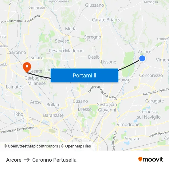 Arcore to Caronno Pertusella map