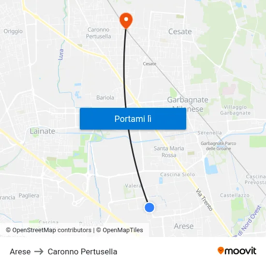 Arese to Caronno Pertusella map