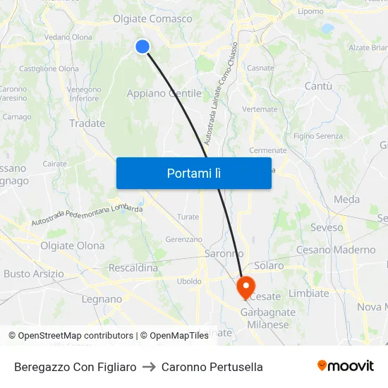 Beregazzo Con Figliaro to Caronno Pertusella map