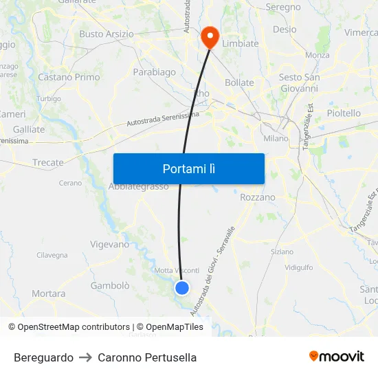 Bereguardo to Caronno Pertusella map