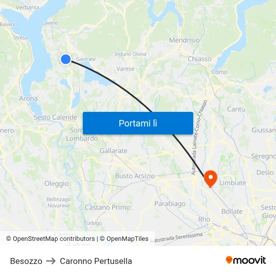 Besozzo to Caronno Pertusella map