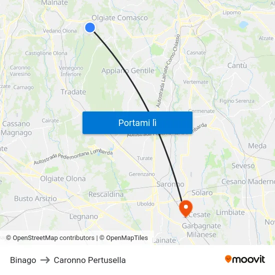 Binago to Caronno Pertusella map