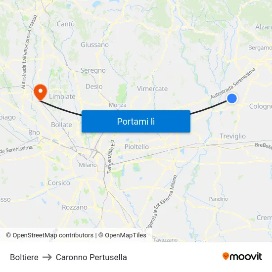Boltiere to Caronno Pertusella map