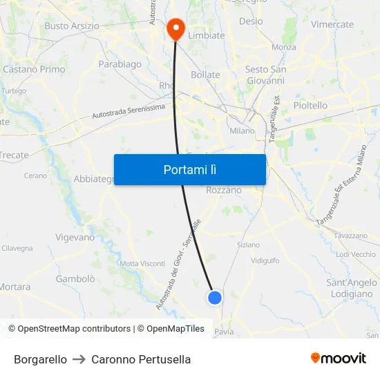Borgarello to Caronno Pertusella map