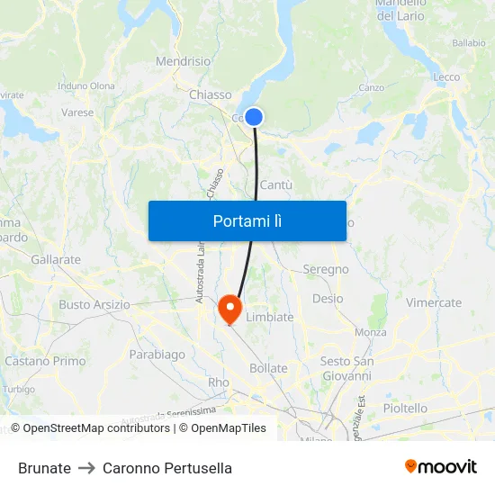 Brunate to Caronno Pertusella map
