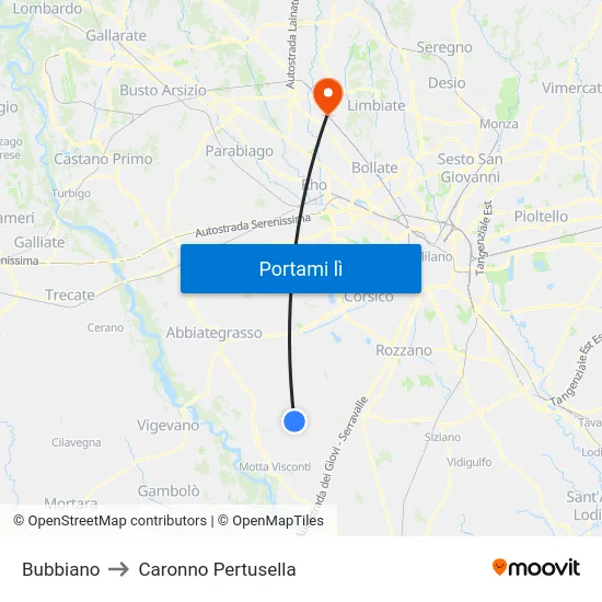 Bubbiano to Caronno Pertusella map