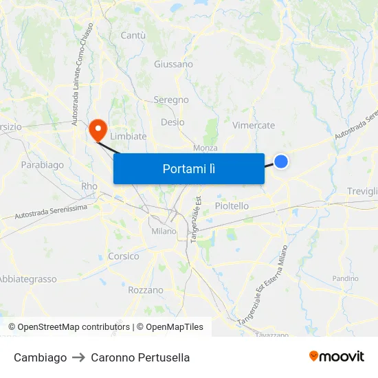 Cambiago to Caronno Pertusella map
