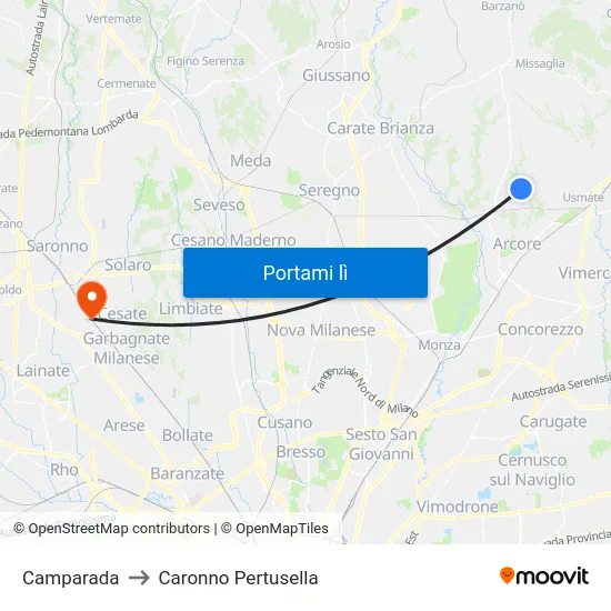 Camparada to Caronno Pertusella map