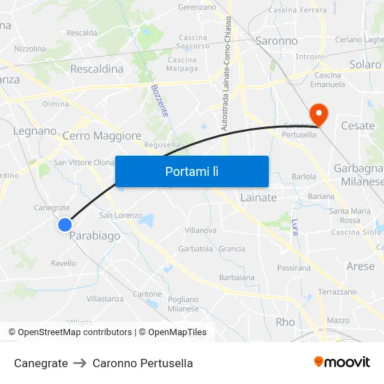Canegrate to Caronno Pertusella map