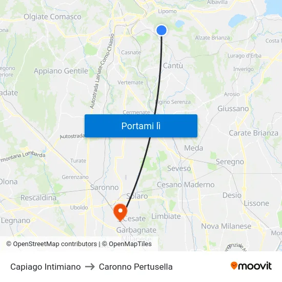 Capiago Intimiano to Caronno Pertusella map