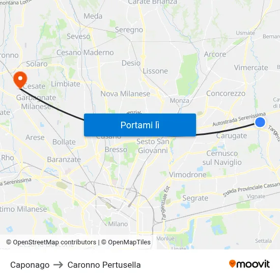 Caponago to Caronno Pertusella map
