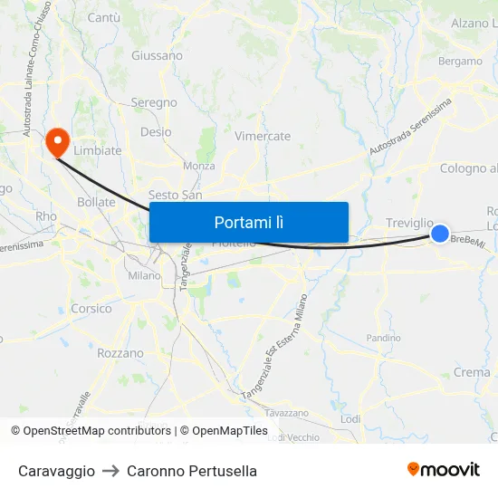 Caravaggio to Caronno Pertusella map