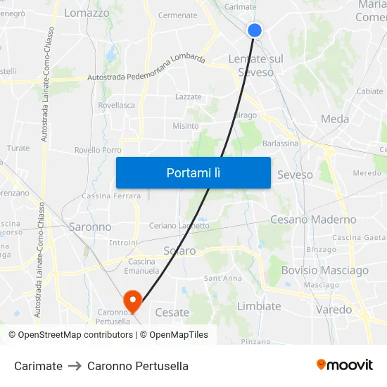 Carimate to Caronno Pertusella map
