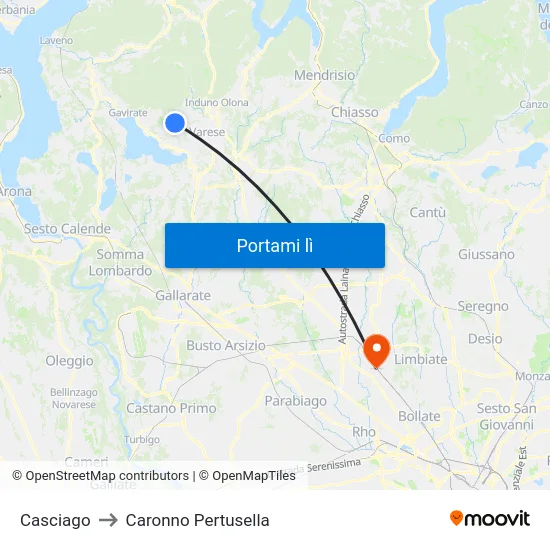 Casciago to Caronno Pertusella map
