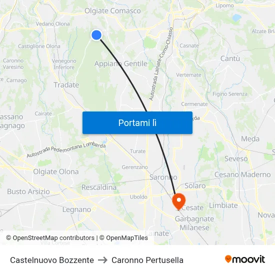 Castelnuovo Bozzente to Caronno Pertusella map