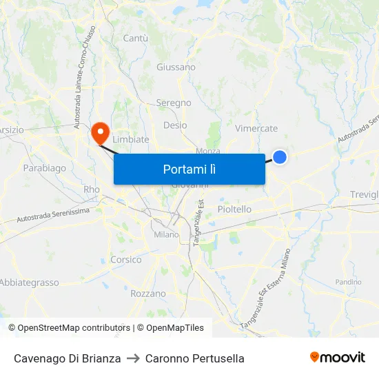 Cavenago Di Brianza to Caronno Pertusella map
