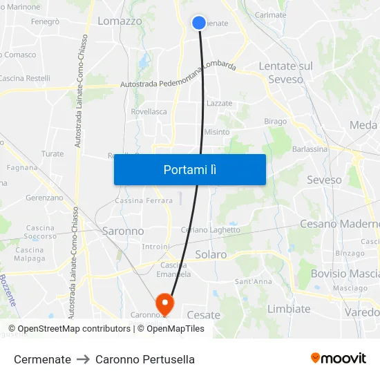 Cermenate to Caronno Pertusella map
