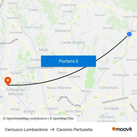 Cernusco Lombardone to Caronno Pertusella map