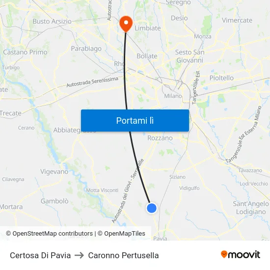 Certosa Di Pavia to Caronno Pertusella map