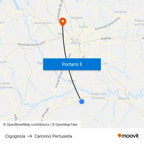Cigognola to Caronno Pertusella map