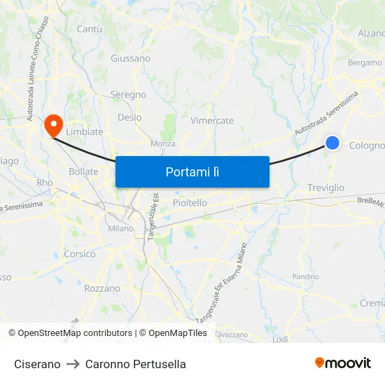 Ciserano to Caronno Pertusella map