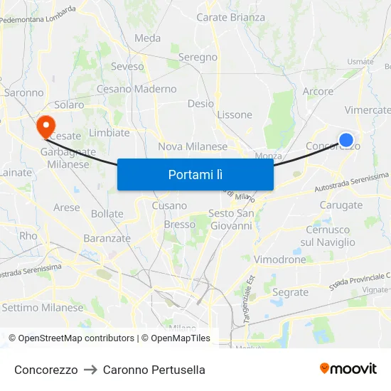 Concorezzo to Caronno Pertusella map