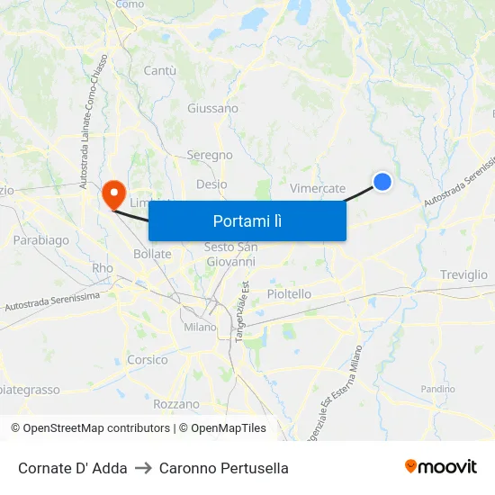 Cornate D' Adda to Caronno Pertusella map