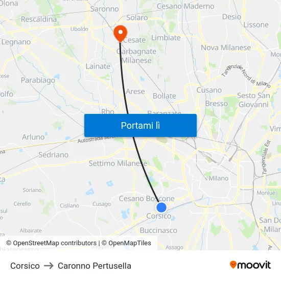 Corsico to Caronno Pertusella map