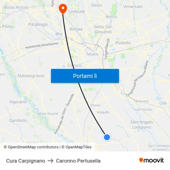 Cura Carpignano to Caronno Pertusella map