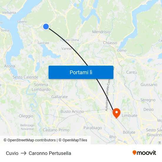Cuvio to Caronno Pertusella map