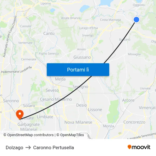 Dolzago to Caronno Pertusella map