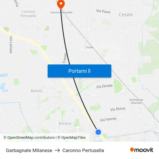 Garbagnate Milanese to Caronno Pertusella map