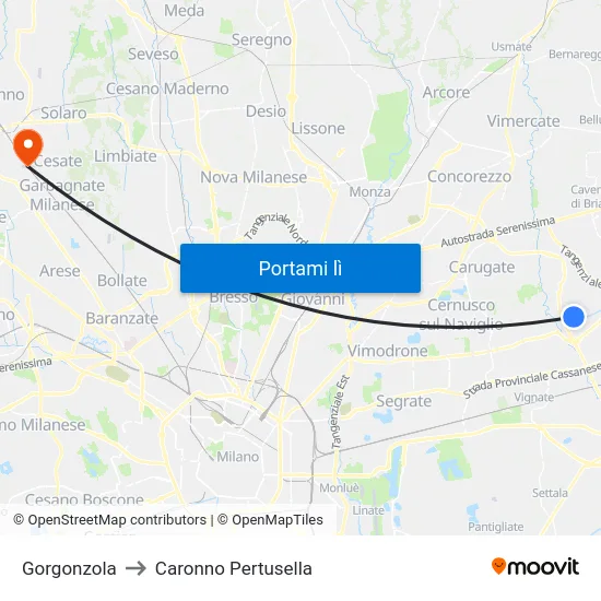 Gorgonzola to Caronno Pertusella map