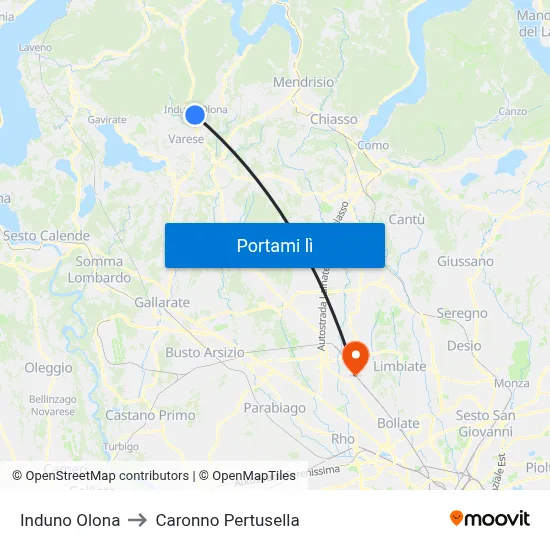Induno Olona to Caronno Pertusella map