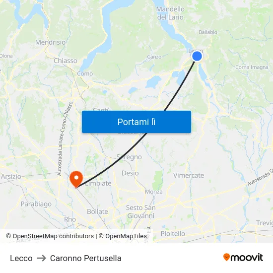 Lecco to Caronno Pertusella map