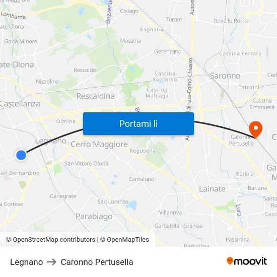 Legnano to Caronno Pertusella map