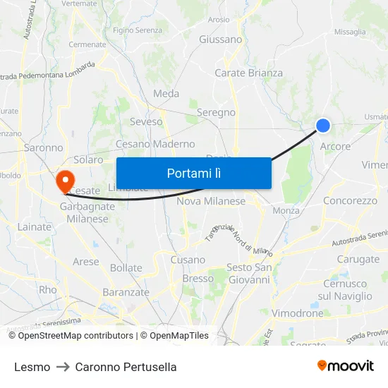 Lesmo to Caronno Pertusella map