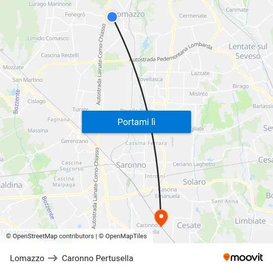 Lomazzo to Caronno Pertusella map