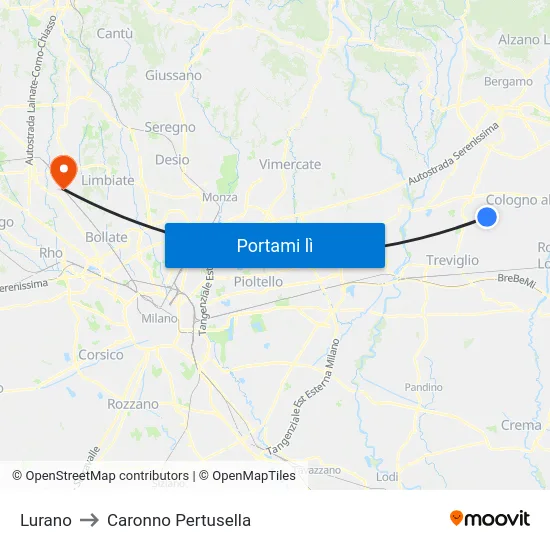 Lurano to Caronno Pertusella map