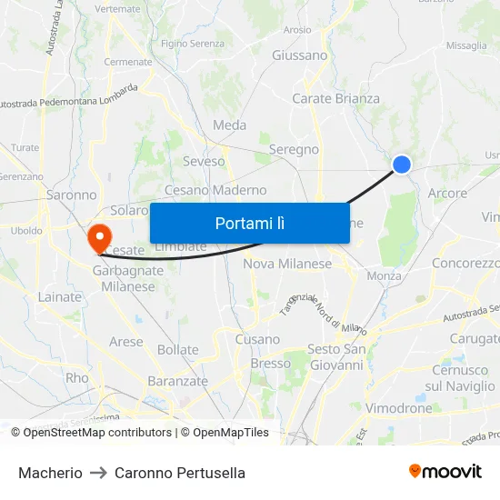 Macherio to Caronno Pertusella map