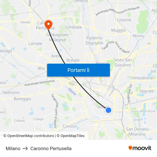 Milano to Caronno Pertusella map