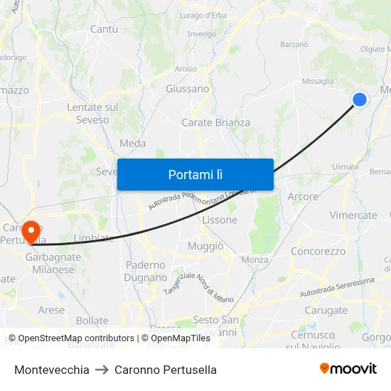 Montevecchia to Caronno Pertusella map