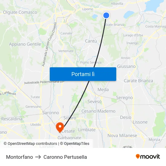 Montorfano to Caronno Pertusella map