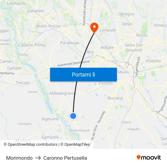 Morimondo to Caronno Pertusella map