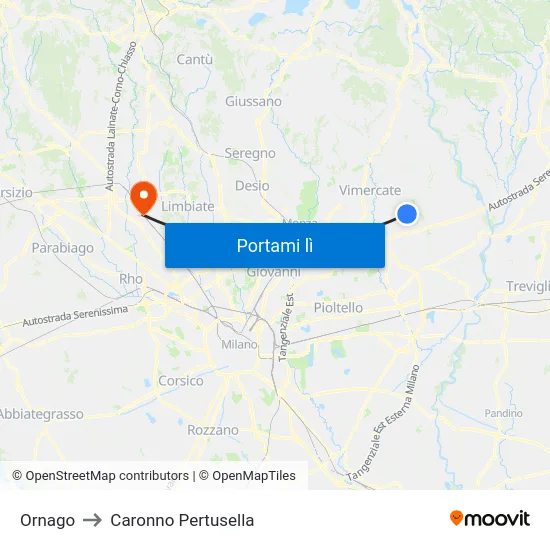 Ornago to Caronno Pertusella map