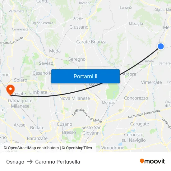 Osnago to Caronno Pertusella map