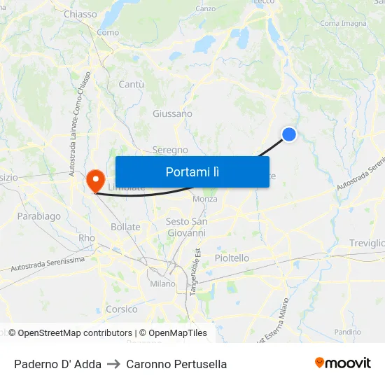 Paderno D' Adda to Caronno Pertusella map