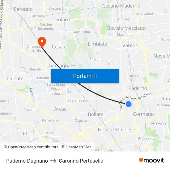 Paderno Dugnano to Caronno Pertusella map