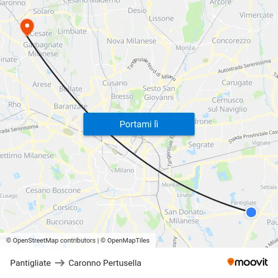 Pantigliate to Caronno Pertusella map
