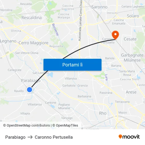 Parabiago to Caronno Pertusella map